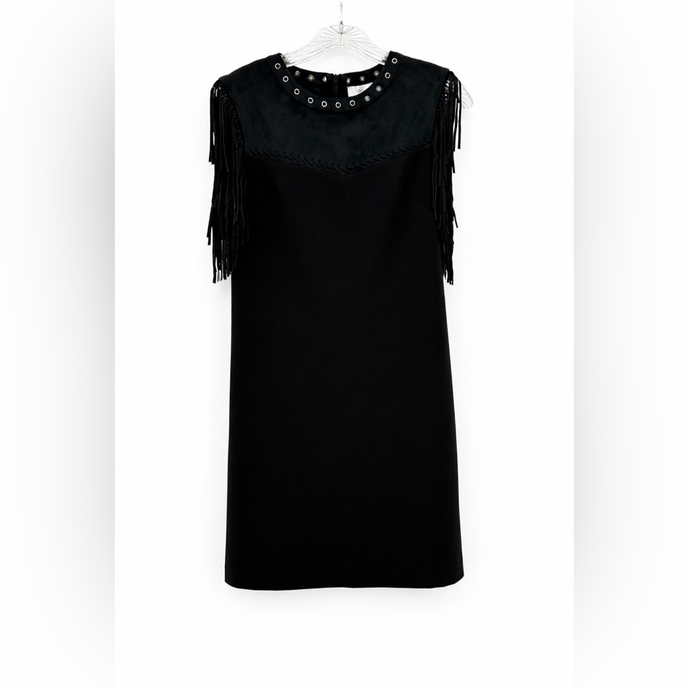 Ipekyol Black Fringe Shoulder Grommet Neck Shift Dress Chic Western Boho Style - Picture 2 of 13